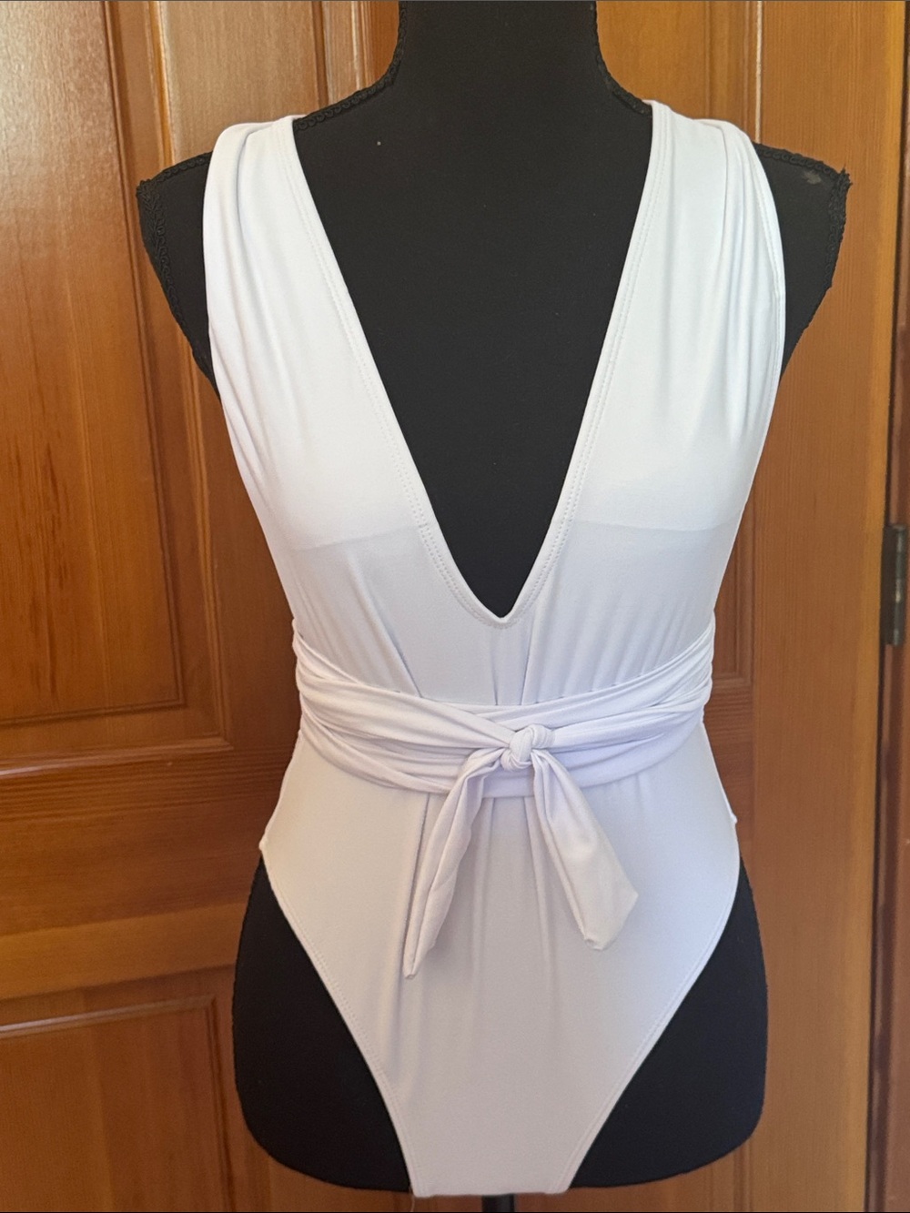 White Deep V One-Piece Swimsuit with Waist Tie